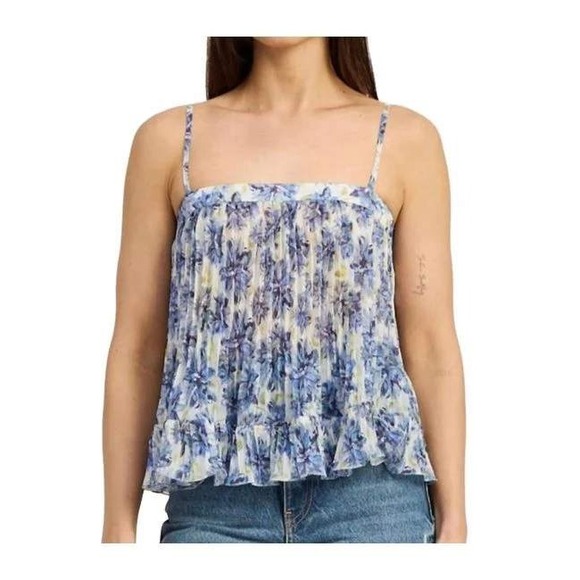 En Saison Blue Odessa Floral Pleated Babydoll Cami Top Ruffle Hem Womens Medium - Picture 13 of 13